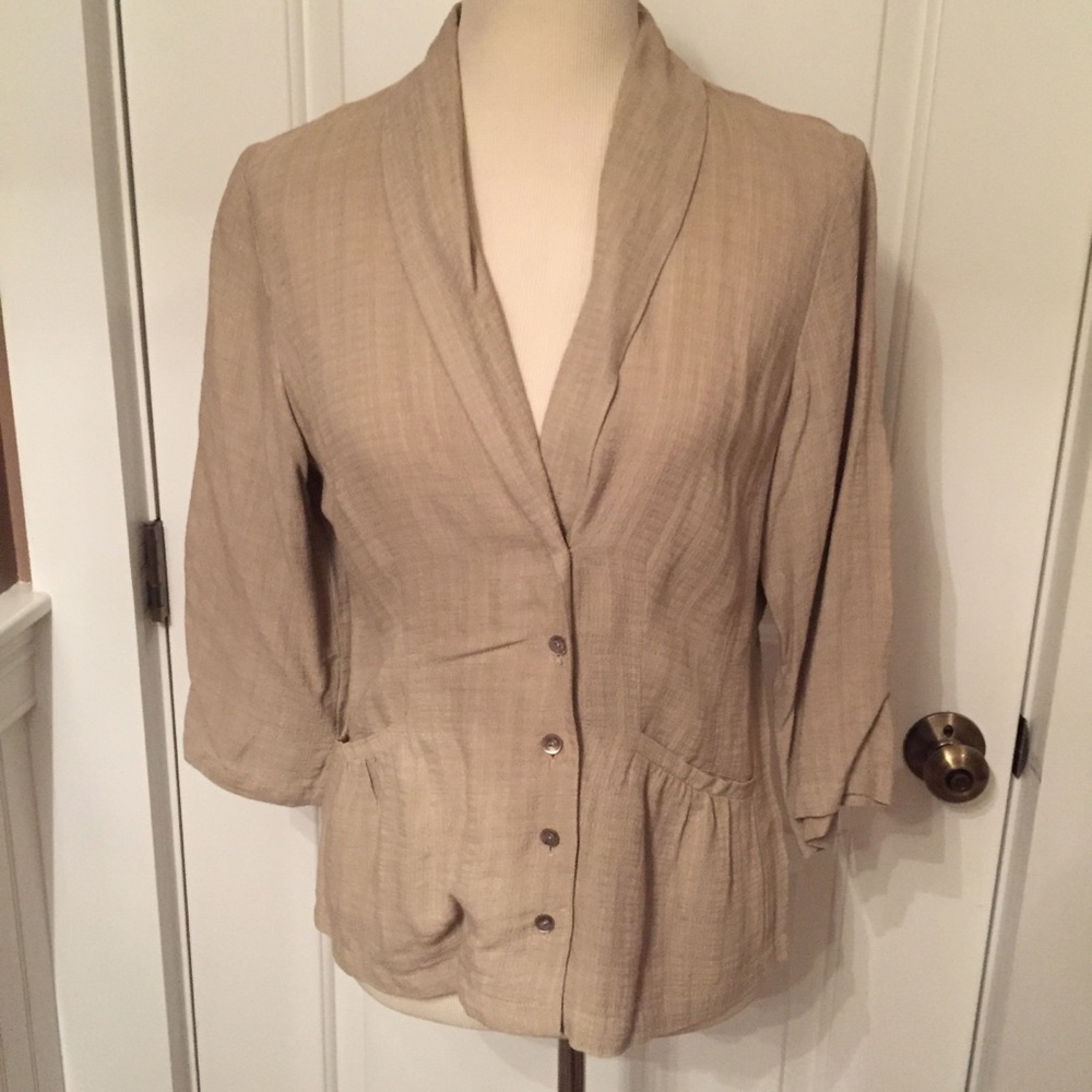 EILEEN FISHER BLAZER JACKET TAN 3/4 SLEEVE BUTTON PLACKET size S SMALL